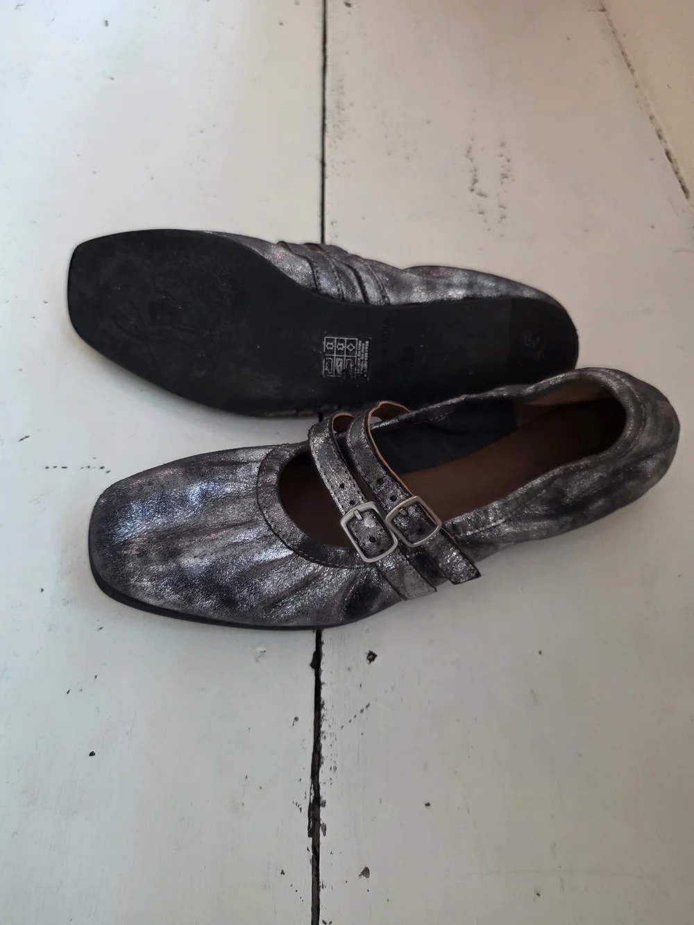 Silver Metallic Mary Jane Ballet Slippers, Flat with Double Buckle